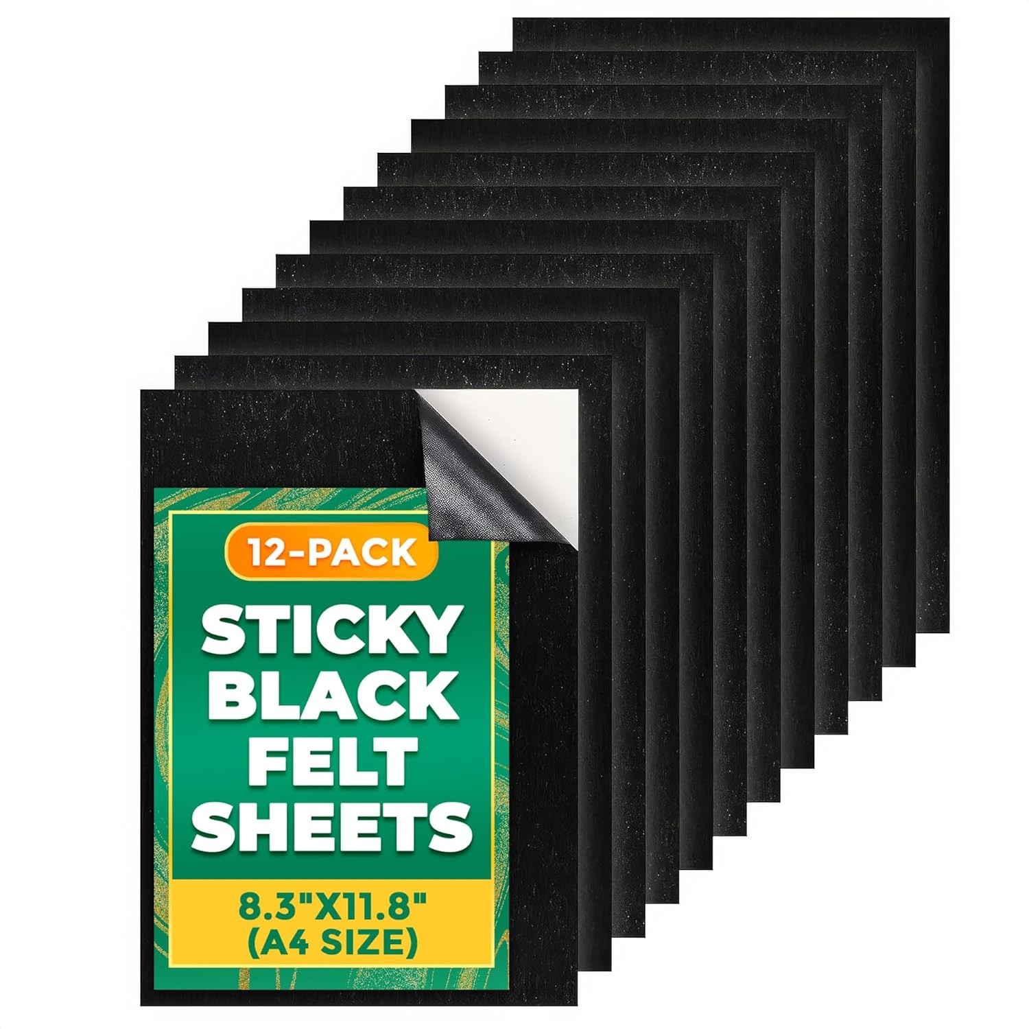 Craft Projects Made Easy: 12 A4 Black Felt Sheets with Adhesive – DIY Essential