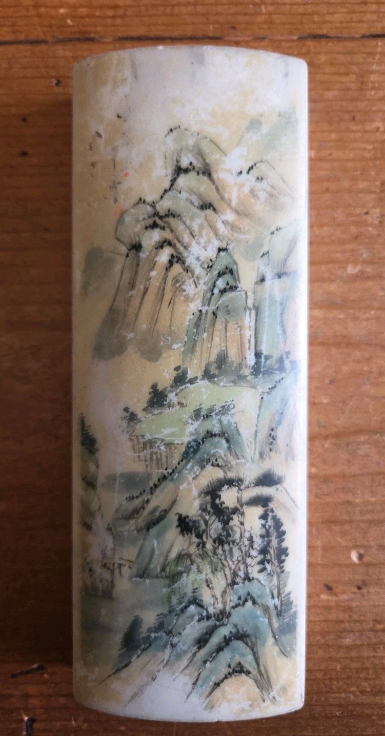 Vtg Stone Chinese Hand Painted Landscape Calligraphy Table Top Wrist Rest