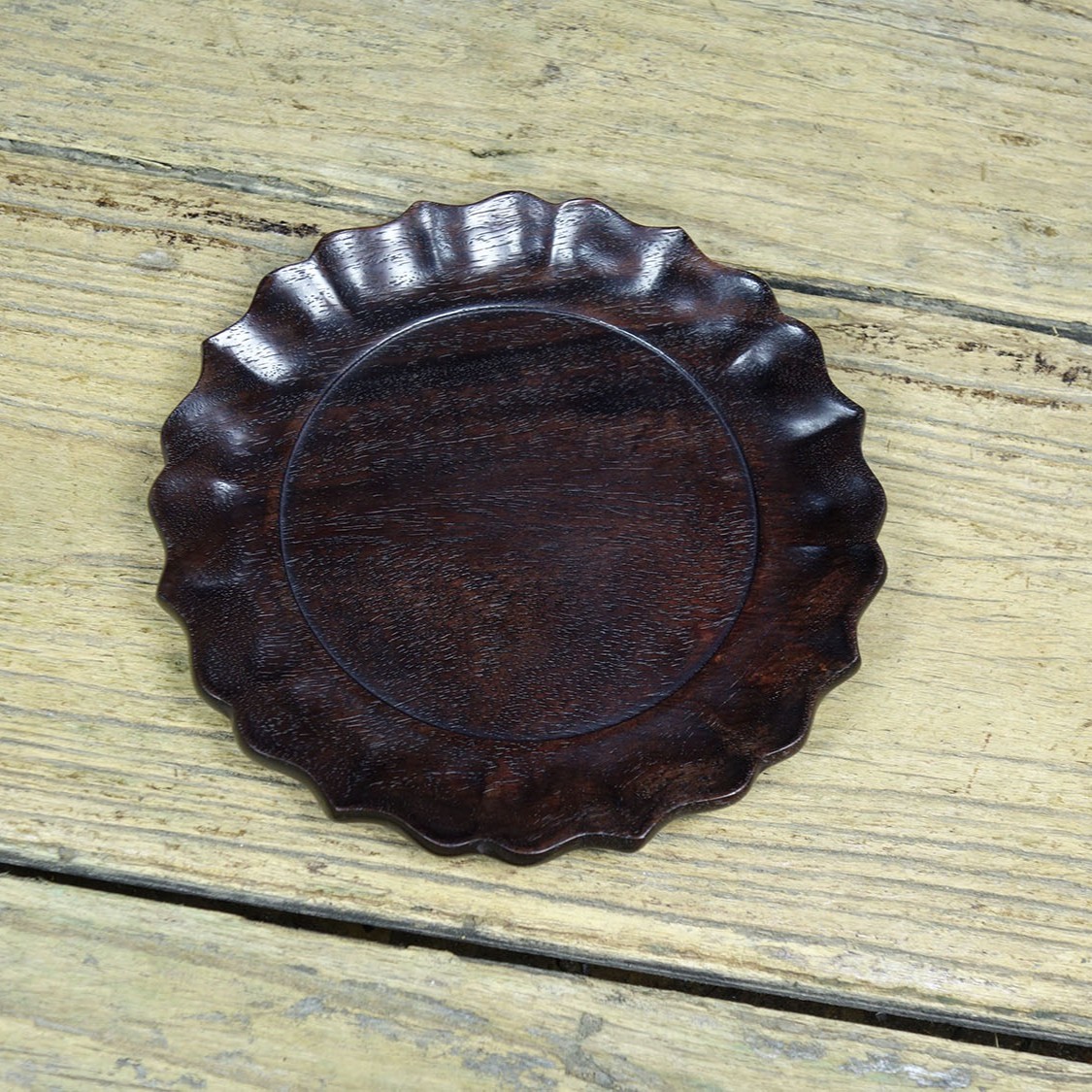 Vintage Hand Carved Rosewood Lotus Tea Tray Decor 14.5cm