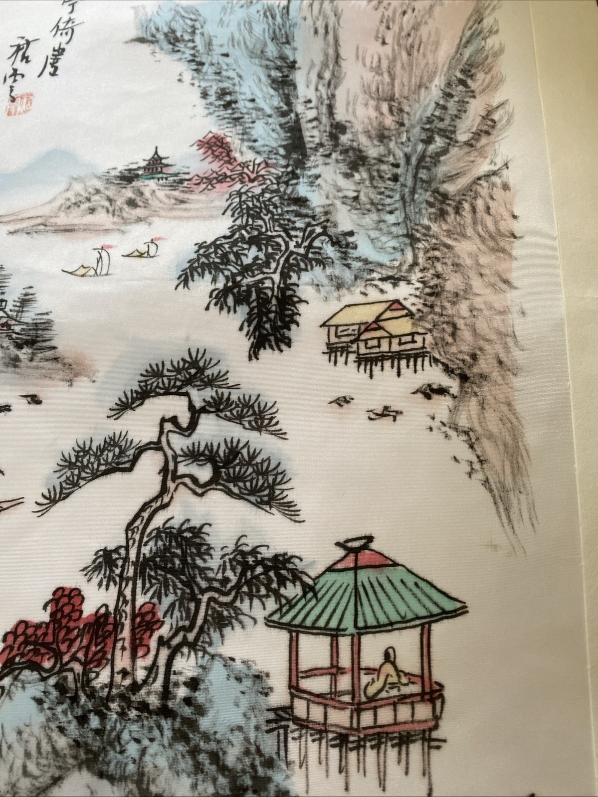 Vintage Chinese Embroidery Village Scene Silk Tapestry Unframed