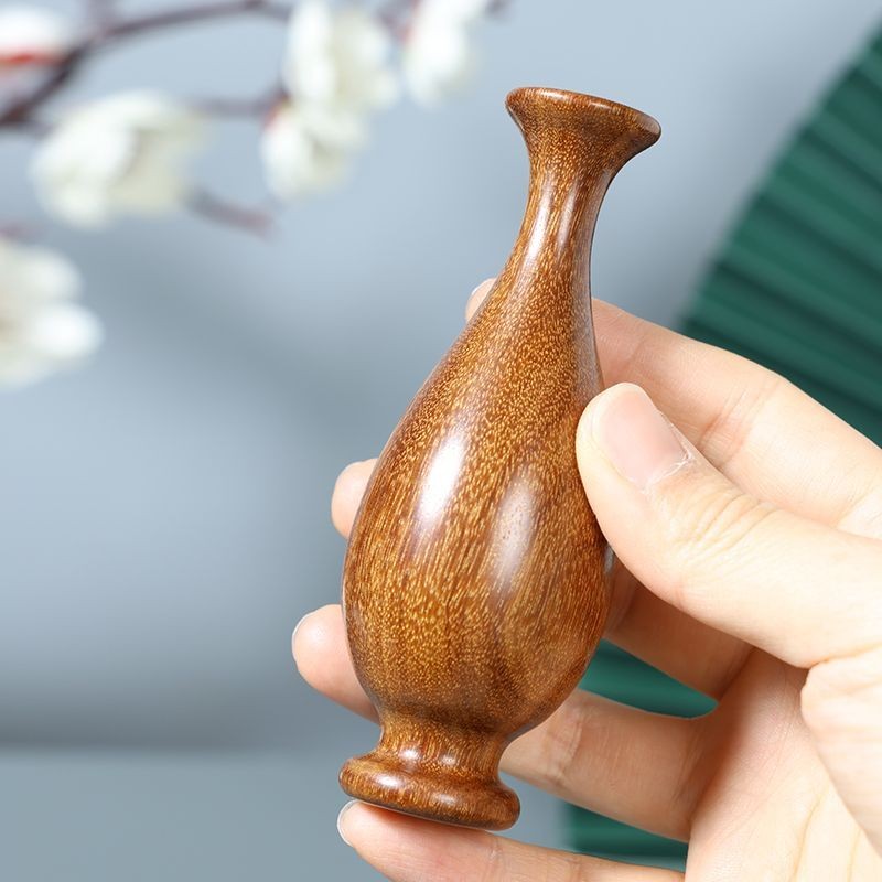 Golden Sandalwood Carved Mini Vase Chinese Style Solid Wood Luxury Decor
