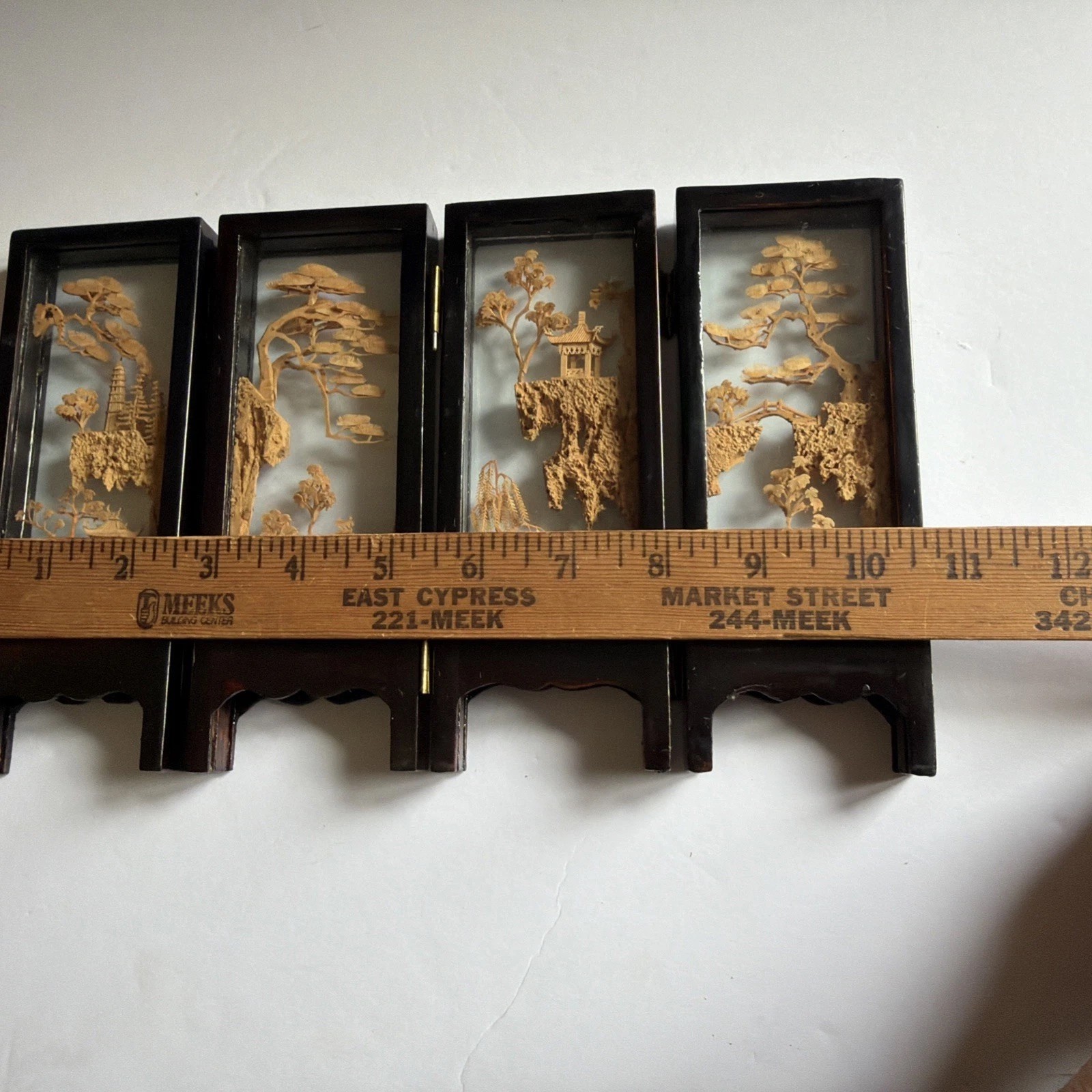Vtg Chinese Cork Art Screen Folding 4 Panel Glass Pagoda Cranes Black Lacquer