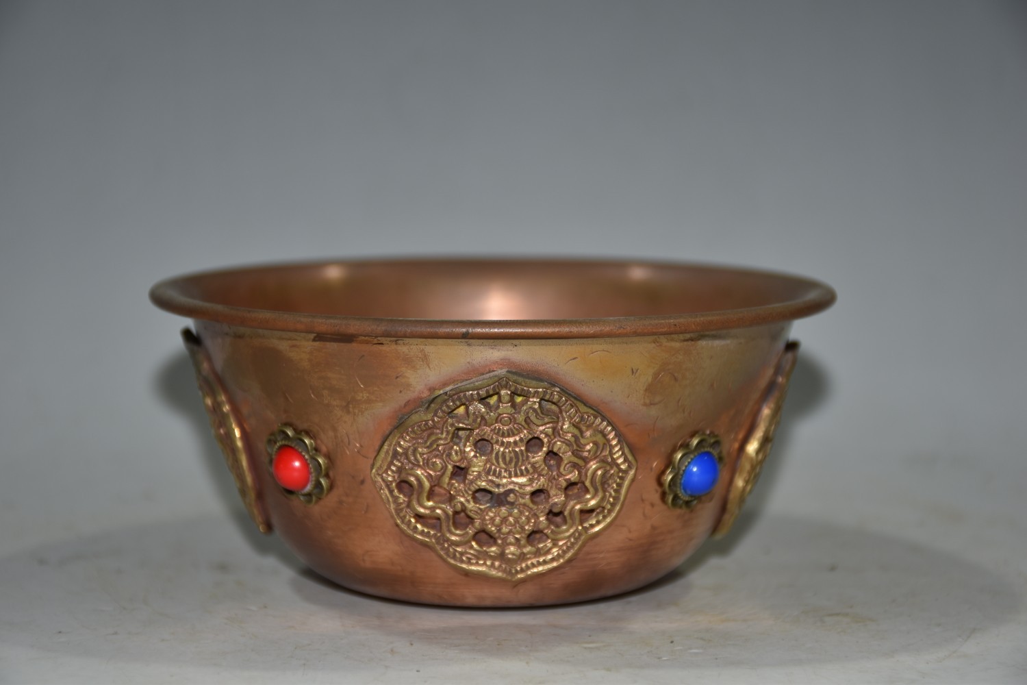 Vintage Nepalese Red Copper Bowl 4.92×2.17in Inlaid Gem 162g Butter Tea Cup