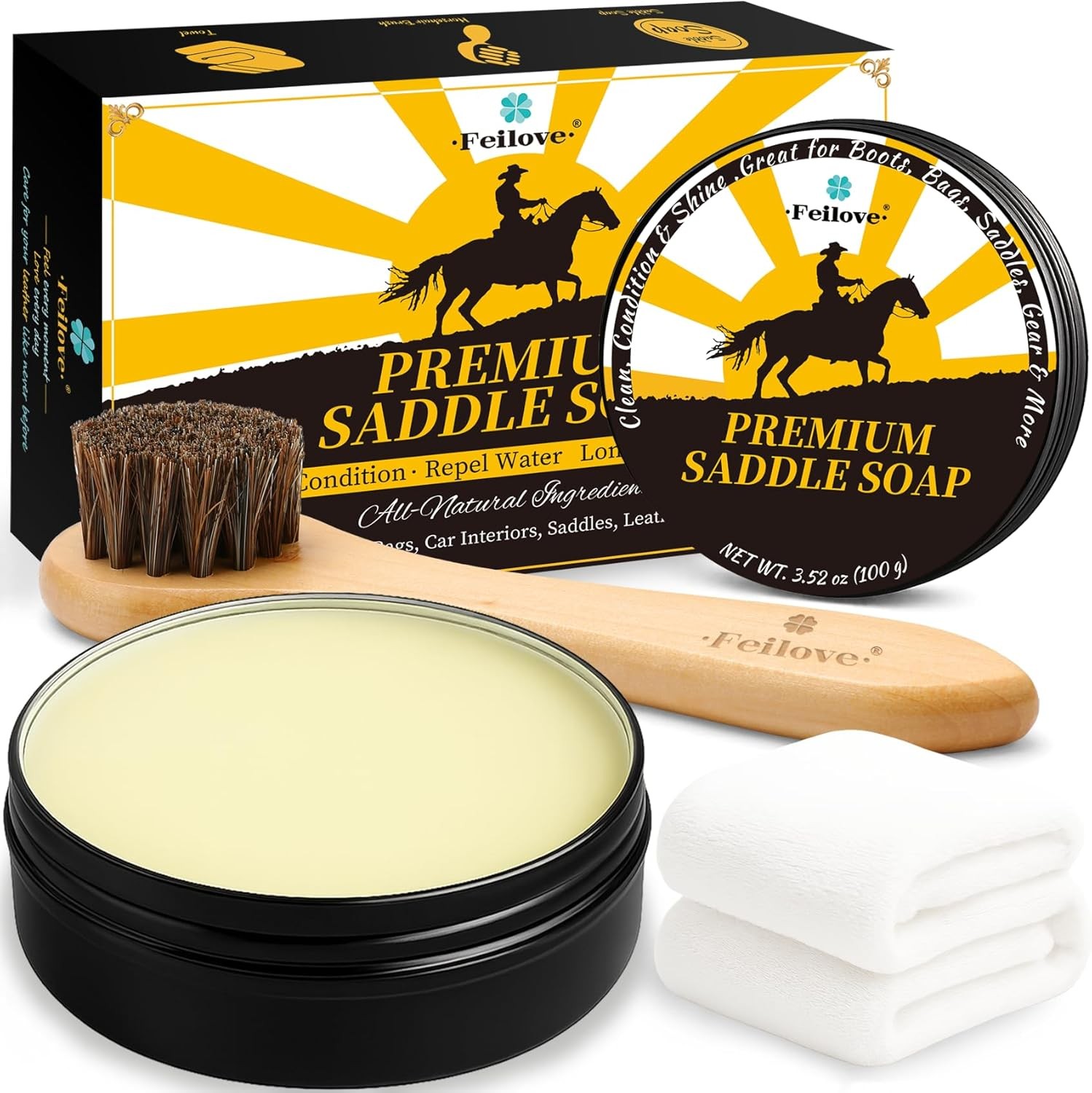 3.52oz Leather Saddle Soap Cleaner Conditioner Kit with Brush Cloth