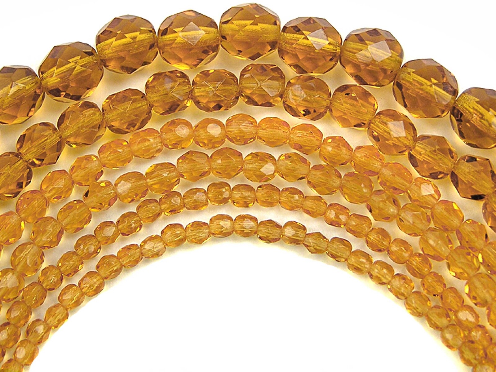 Czech Fire Polished Round Faceted Glass Beads in Light Topaz, 16” golden brown