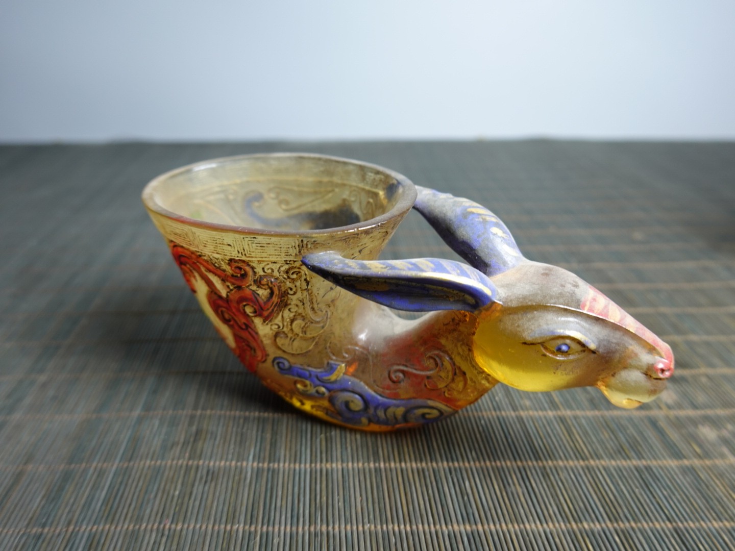 5.5″ Collect China Coloured Glaze Painted Cloud Dragons Rabbit-head Holding Cup