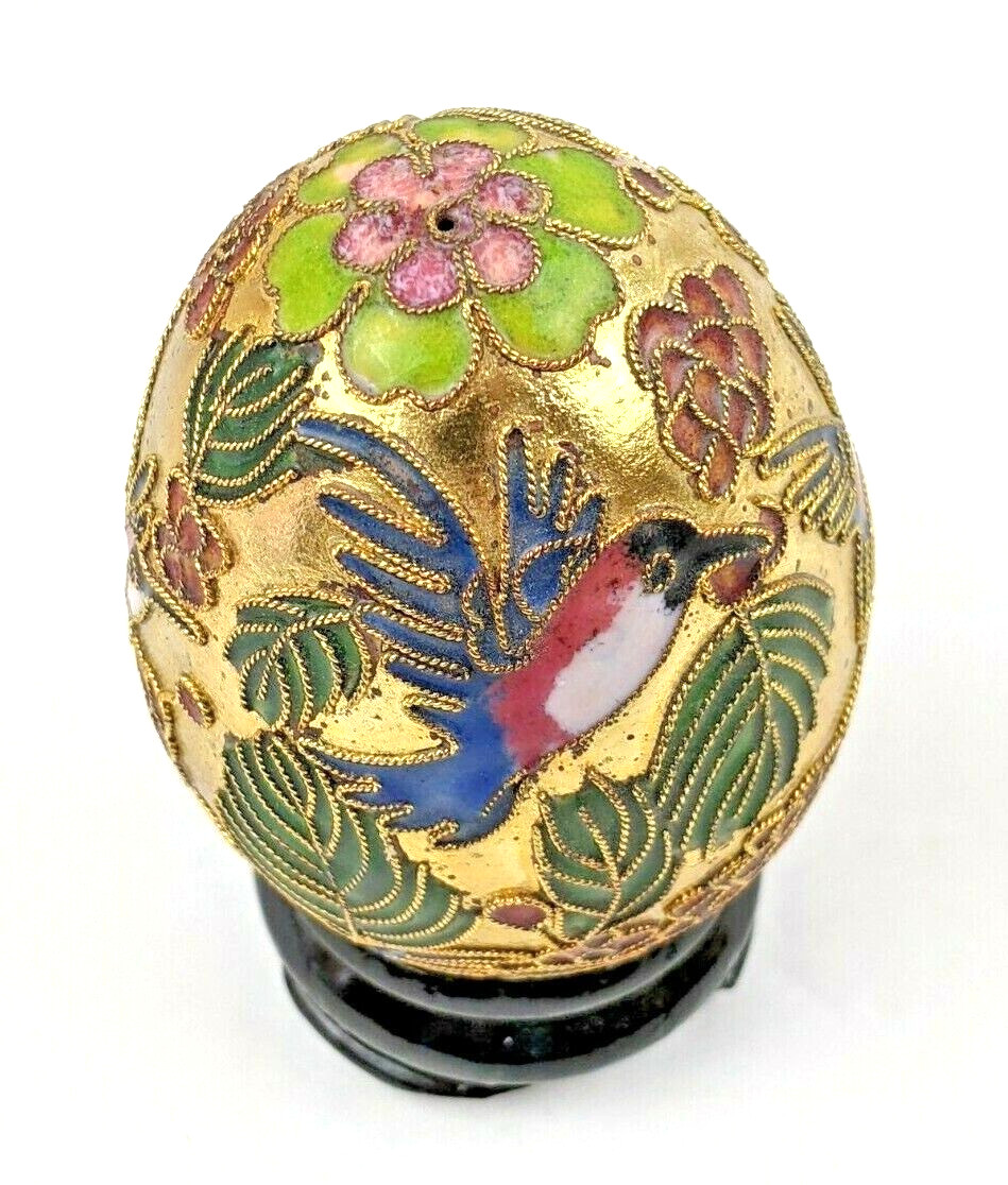 Large 4″ Enamel Egg Hummingbirds & Flowers Chinese Cloisonne Gold Metal Brass