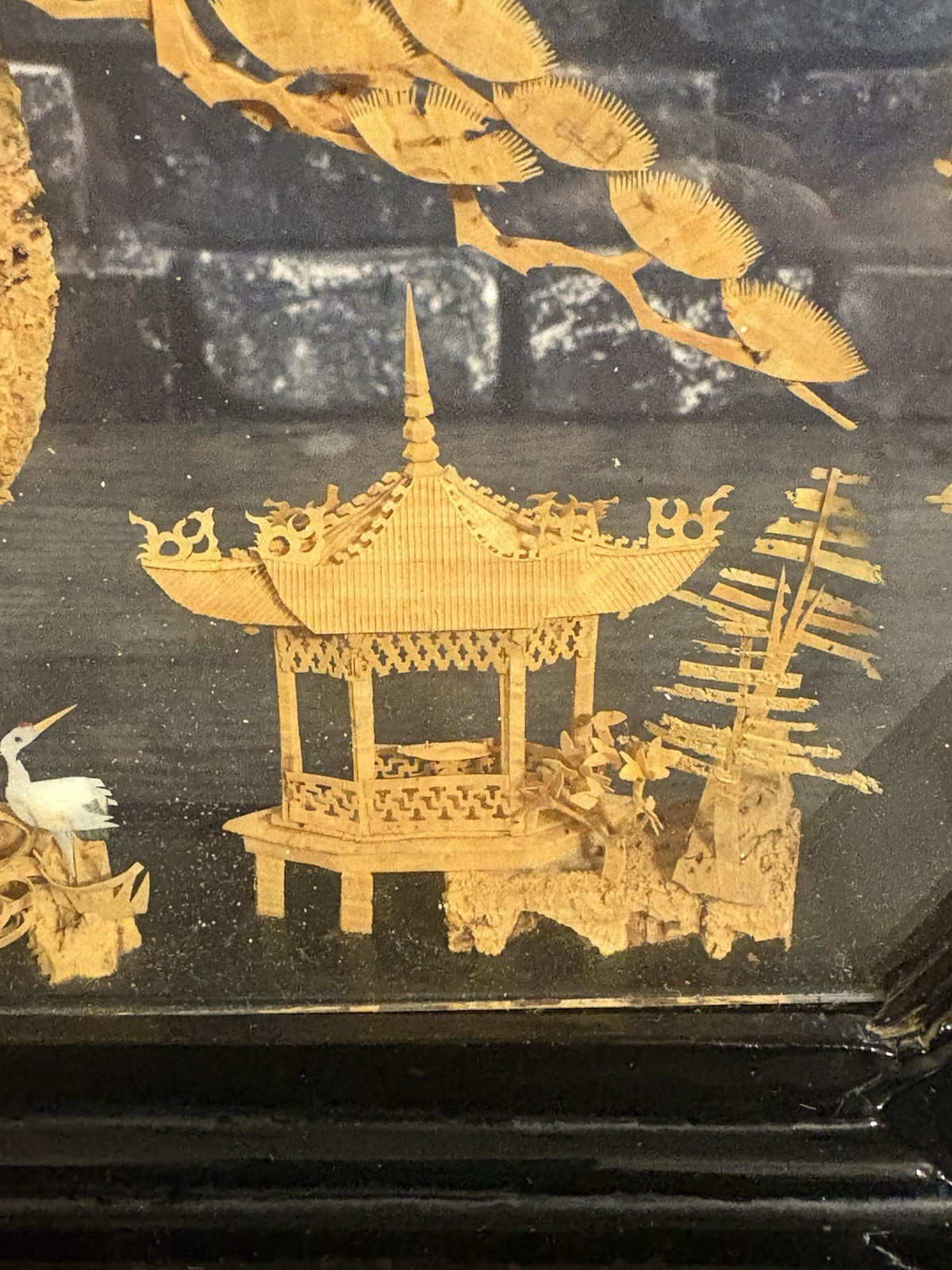 VINTAGE ROUND CHINESE CORK ART HAND CARVED DIORAMA PAGODA CRANES TREES CLIFF 9″
