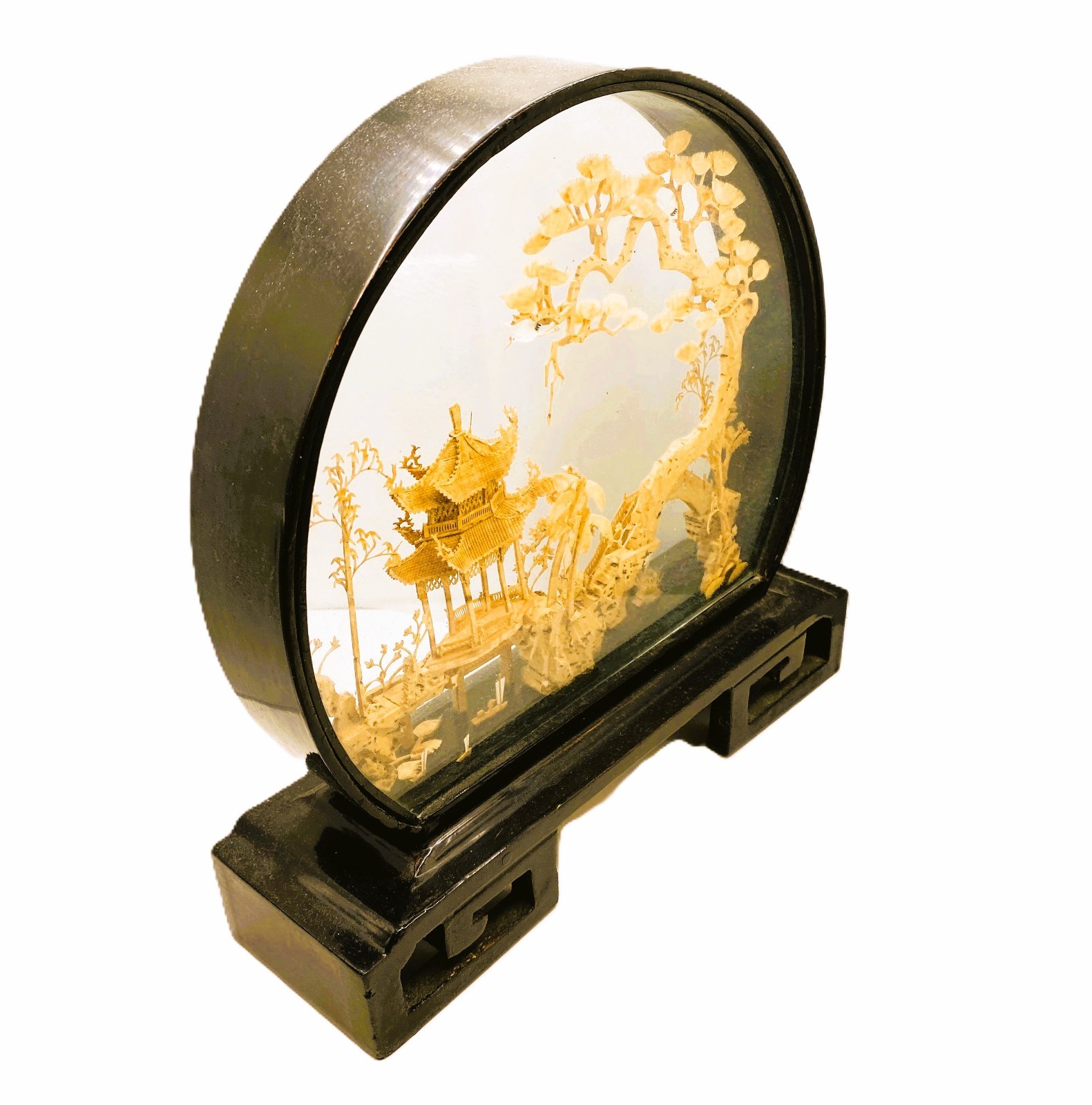 Vintage Chinese Cork Art Carving Diorama Pagoda Landscape Black Frame