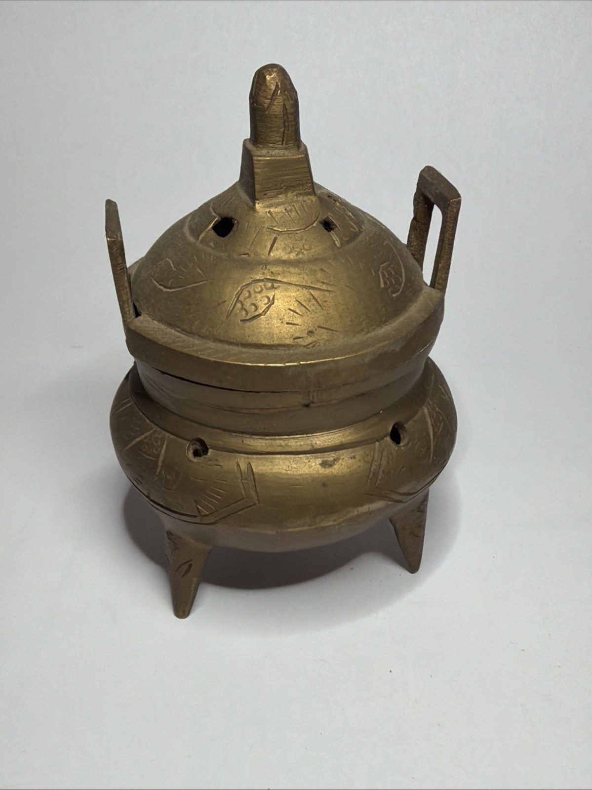 Vintage Marked 4” Chinese Brass Footed Incense Burner Holder Tri Footed