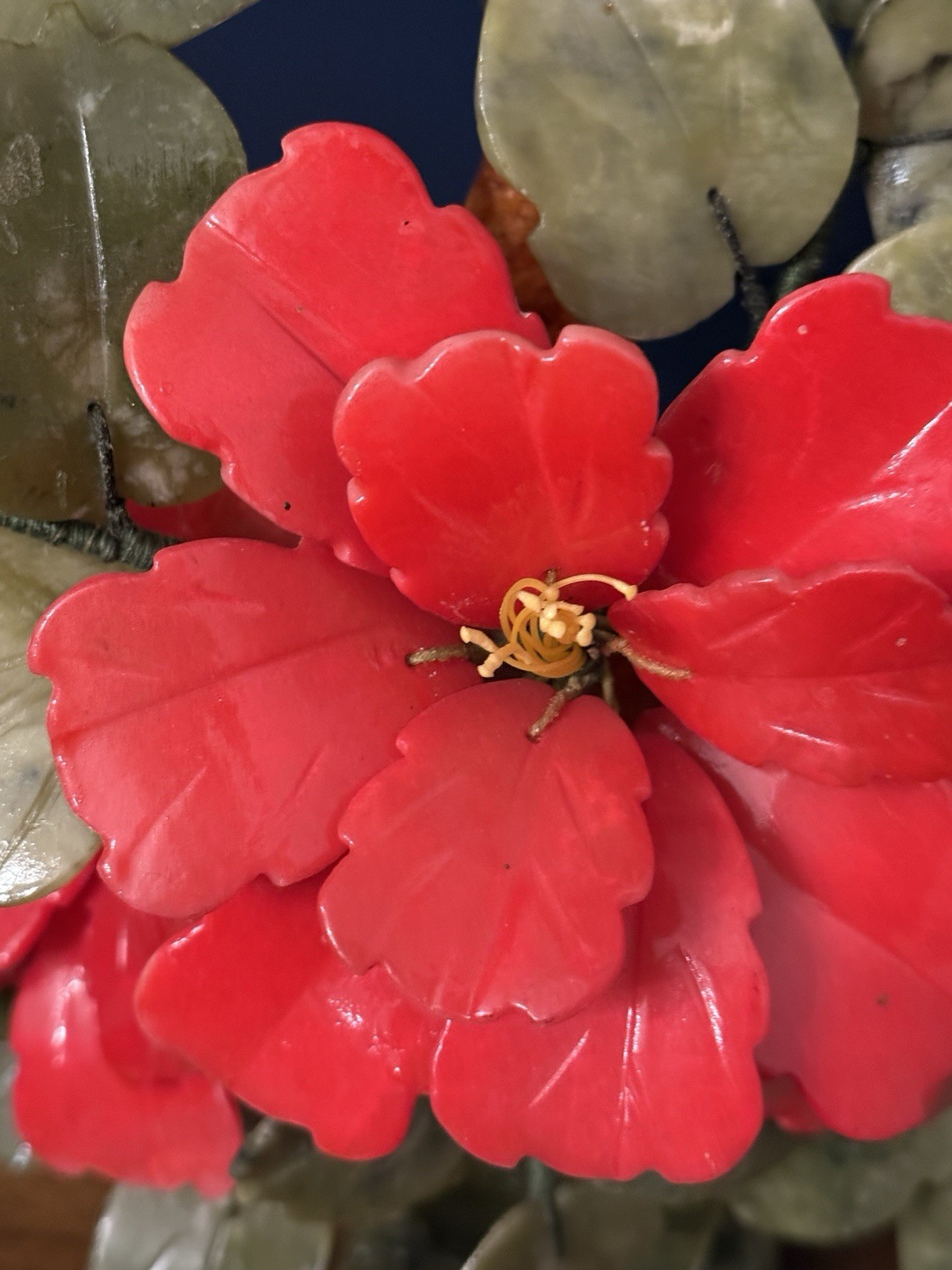 Vintage Jade Bonsai Tree Carved Red Hibiscus Flowers High Blossom 12.75” Tall