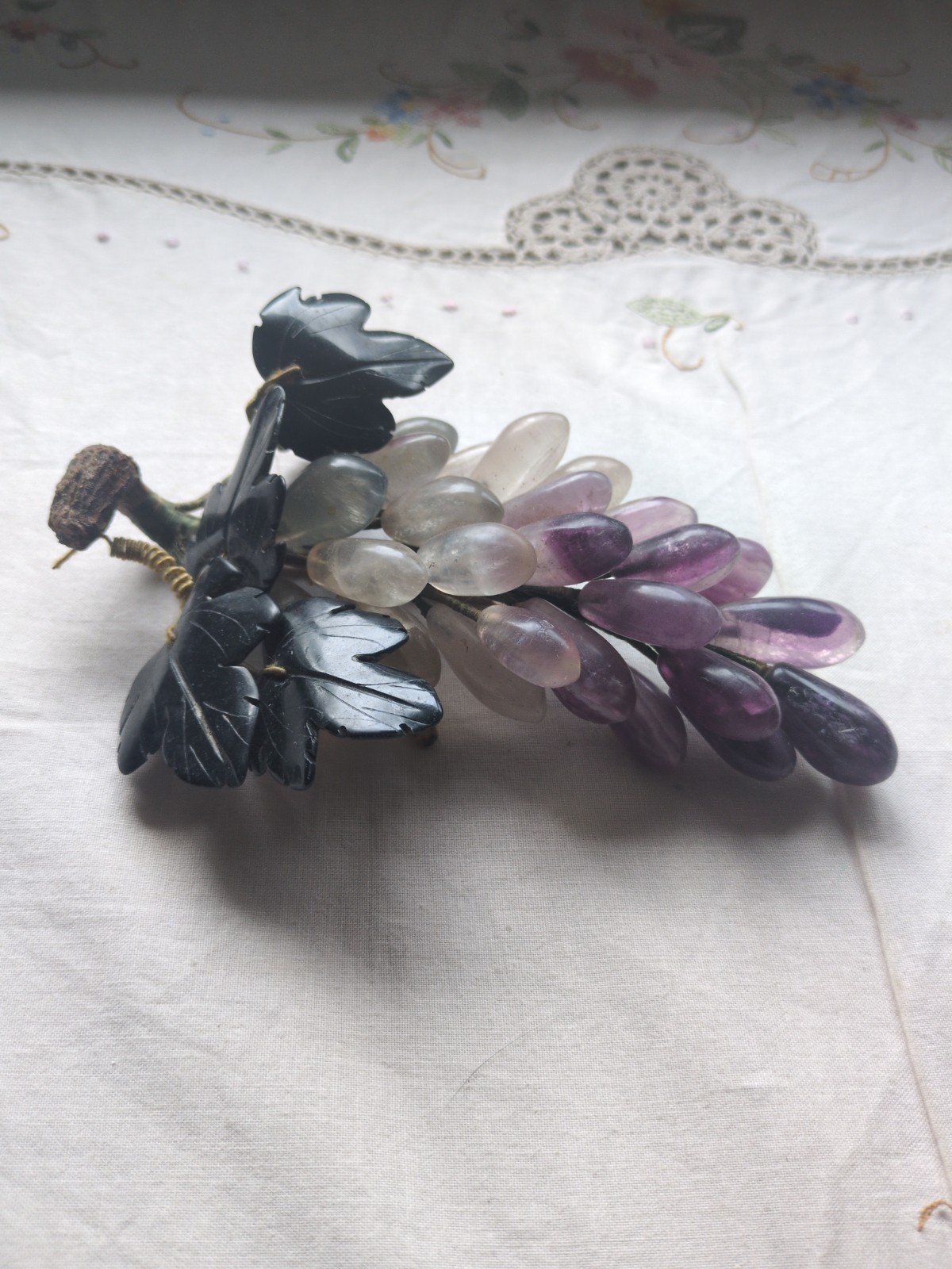 Vintage Chinese Carved Rose-Quartz, Amethyst Grape Cluster With Jade Leaves 7″