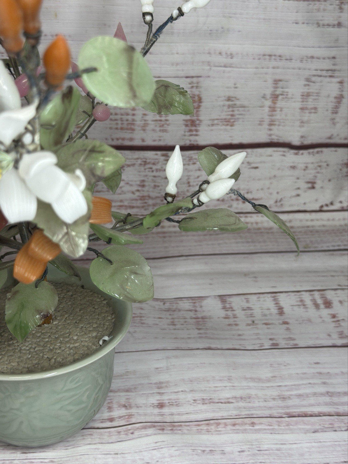 Vintage Japanese Chinese Asian Jade Glass Flowering Bonsai Tree 16”x12” Wide