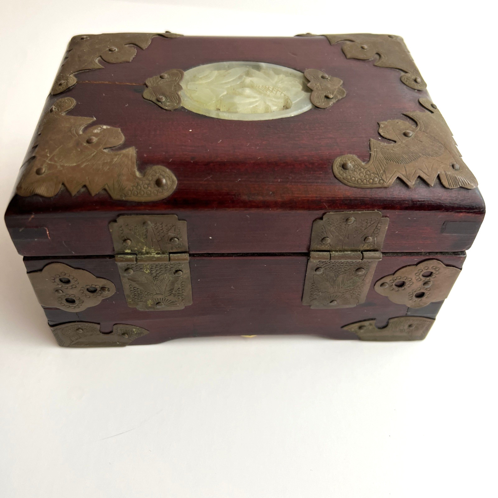 Rare Vintage Chinese Mahogany Jewel Box Chased Brass Accent Lock Jade Medallion