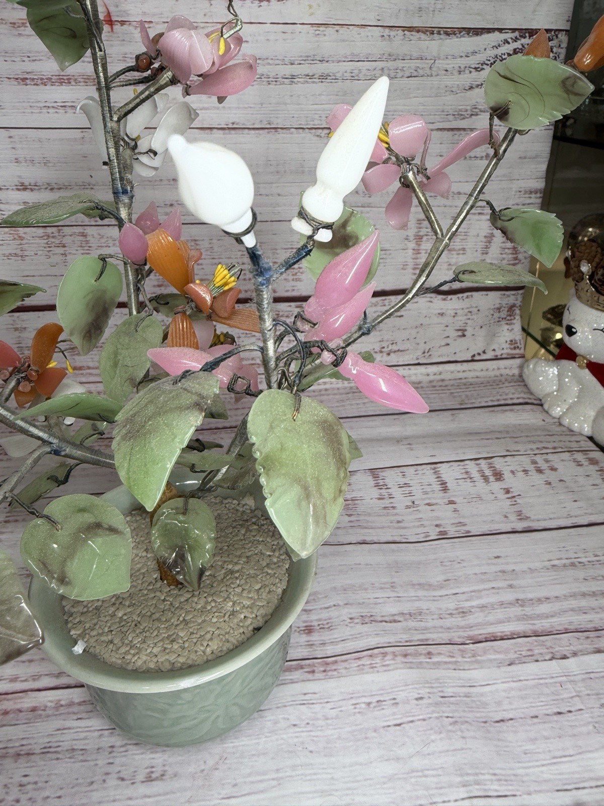 Vintage Japanese Chinese Asian Jade Glass Flowering Bonsai Tree 16”x12” Wide