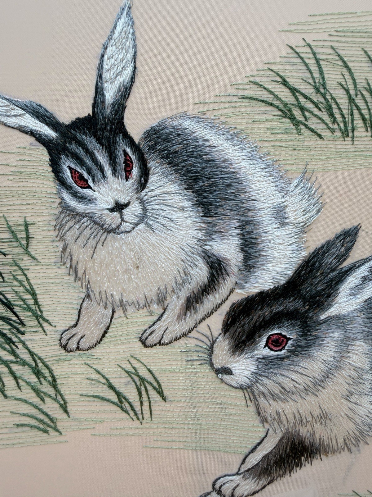 Early 1980s Chinese Double-Sided Silk Embroidery Spring Hares Framed Art