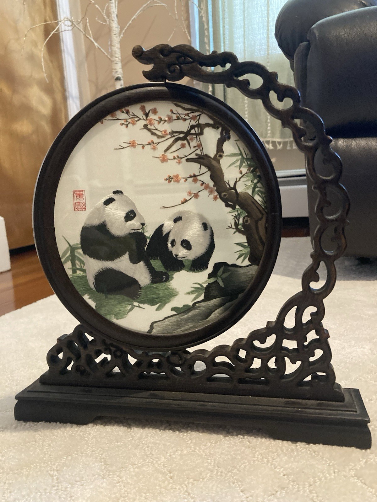 Chinese Double-Sided Silk Embroidery Panda Art Revolving Wood Round Stand 11×10