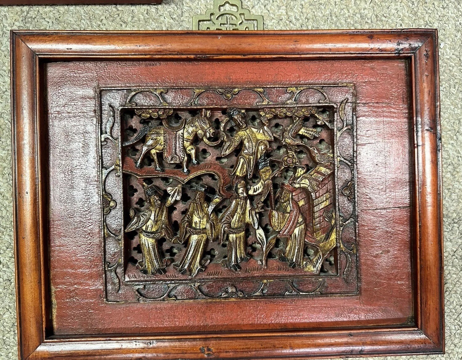 Lot of 5 Asian Chinese Hand Carved Painted Wood Panels Wall Hangings Décor
