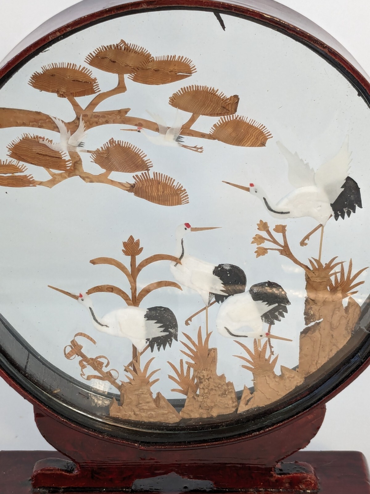 Chinese Cork Sculpture White Cranes Diorama Round Wood Frame