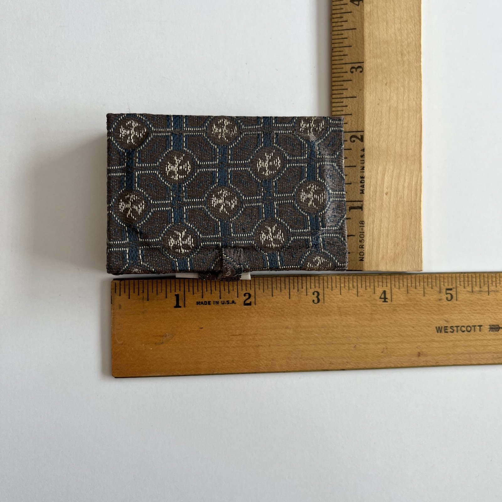 Vintage Miniature Brass Chinese Suanpan 9 Rod Abacus With Silk Brocade Box.