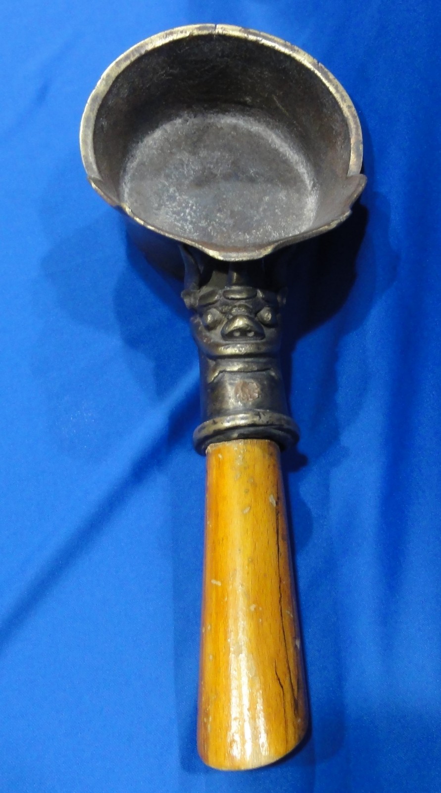ANTIQUE CHINESE BRONZE CHARCOAL SILK IRON, HEAVY DUTY, 13.75” LONG, WOOD HANDLE