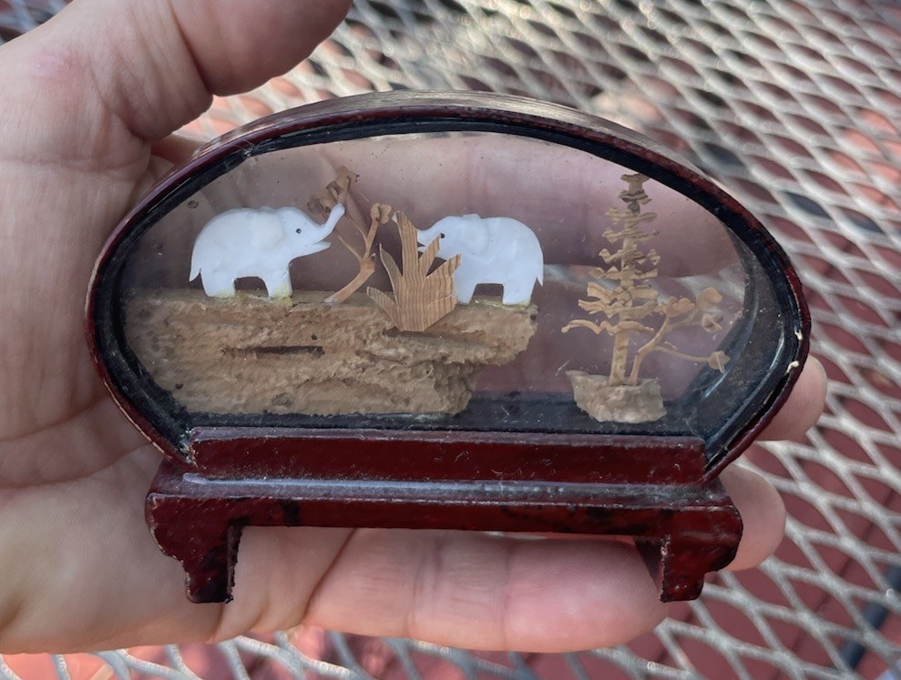 VINTAGE ASIAN Set CARVED CORK DIORAMA GLASS DISPLAY WOOD BOX Storks & Elephants