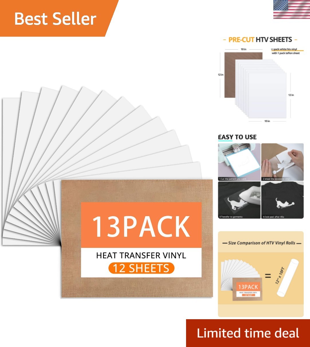 White HTV Heat Transfer Vinyl Bundle: 13 Pack 12″ x 10″ White Iron on Vinyl f…