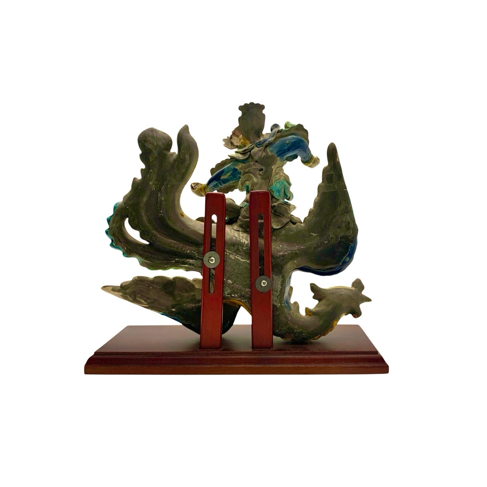 Chinese Figure on Phoenix Bird Oriental Roof Tile on Stand Vintage Asian Decor