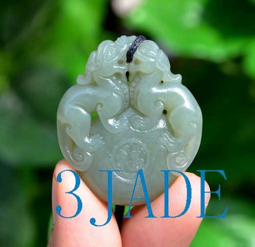 Natural Nephrite Jade Lions / Foo Dogs Pendant