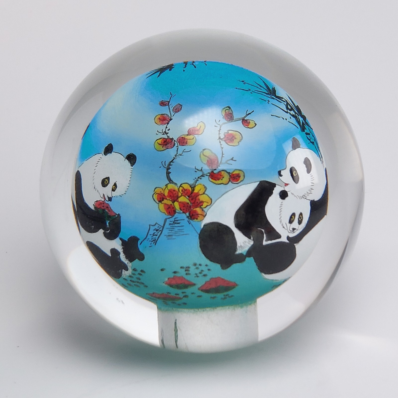 Chinese Glass Ball Sphere Paperweight Reverse Hand Painted Pandas NO Base
