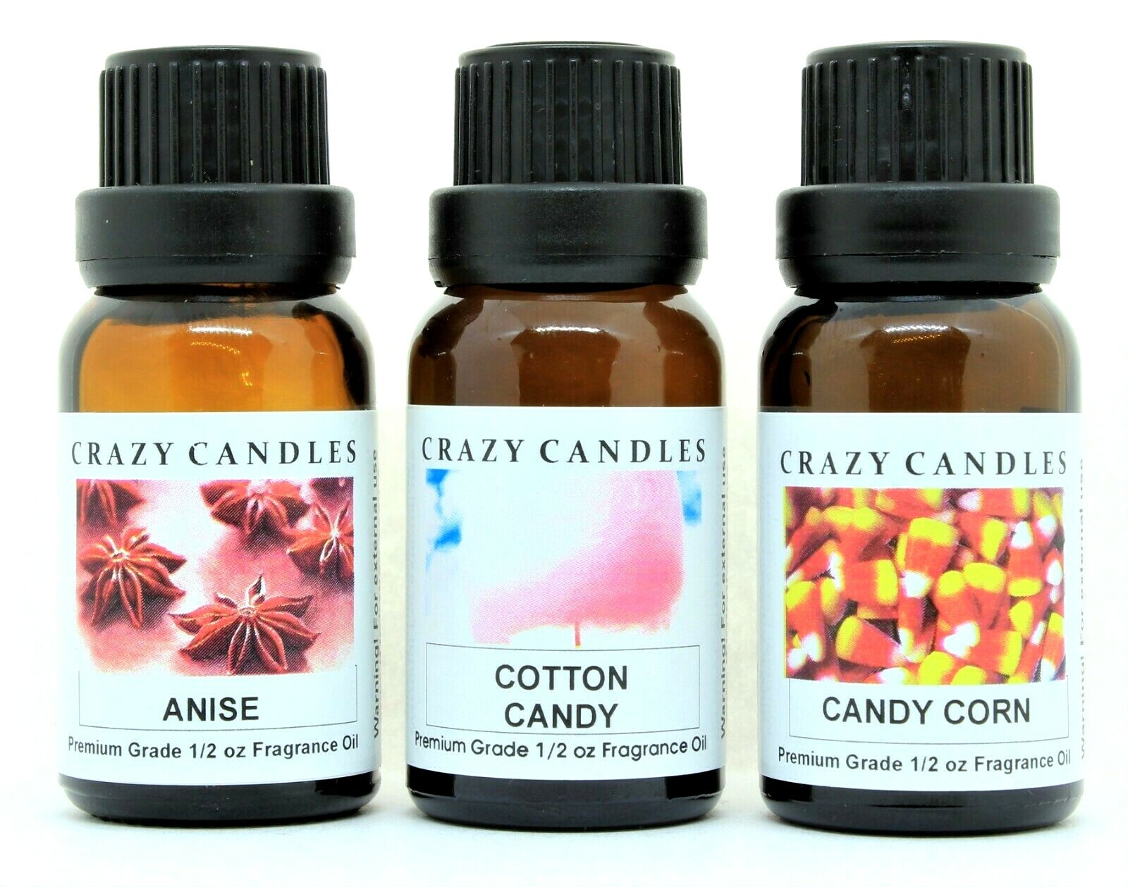 3 Bottles Set, Anise, Cotton Candy, Candy Corn 1/2oz Premium Grade Crazy Candles