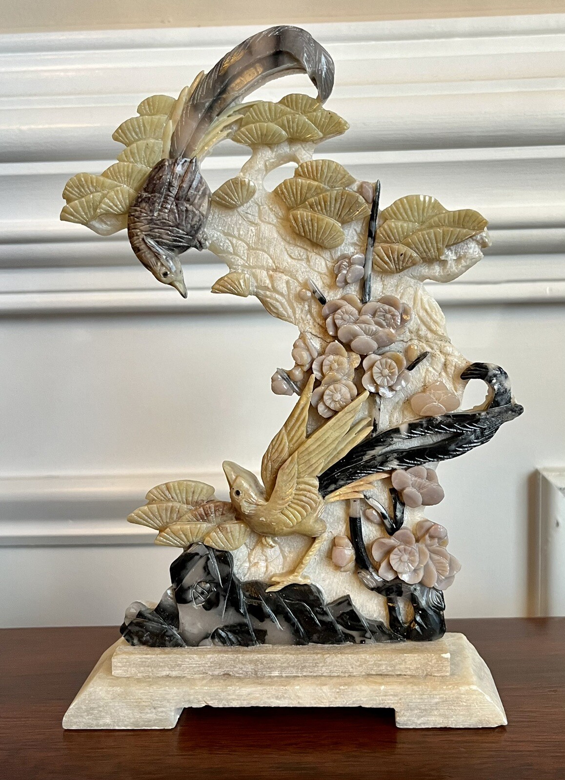 Vintage 9” Carved MultiColor JADE Birds & Flowers Sculpture Statue Display Asian
