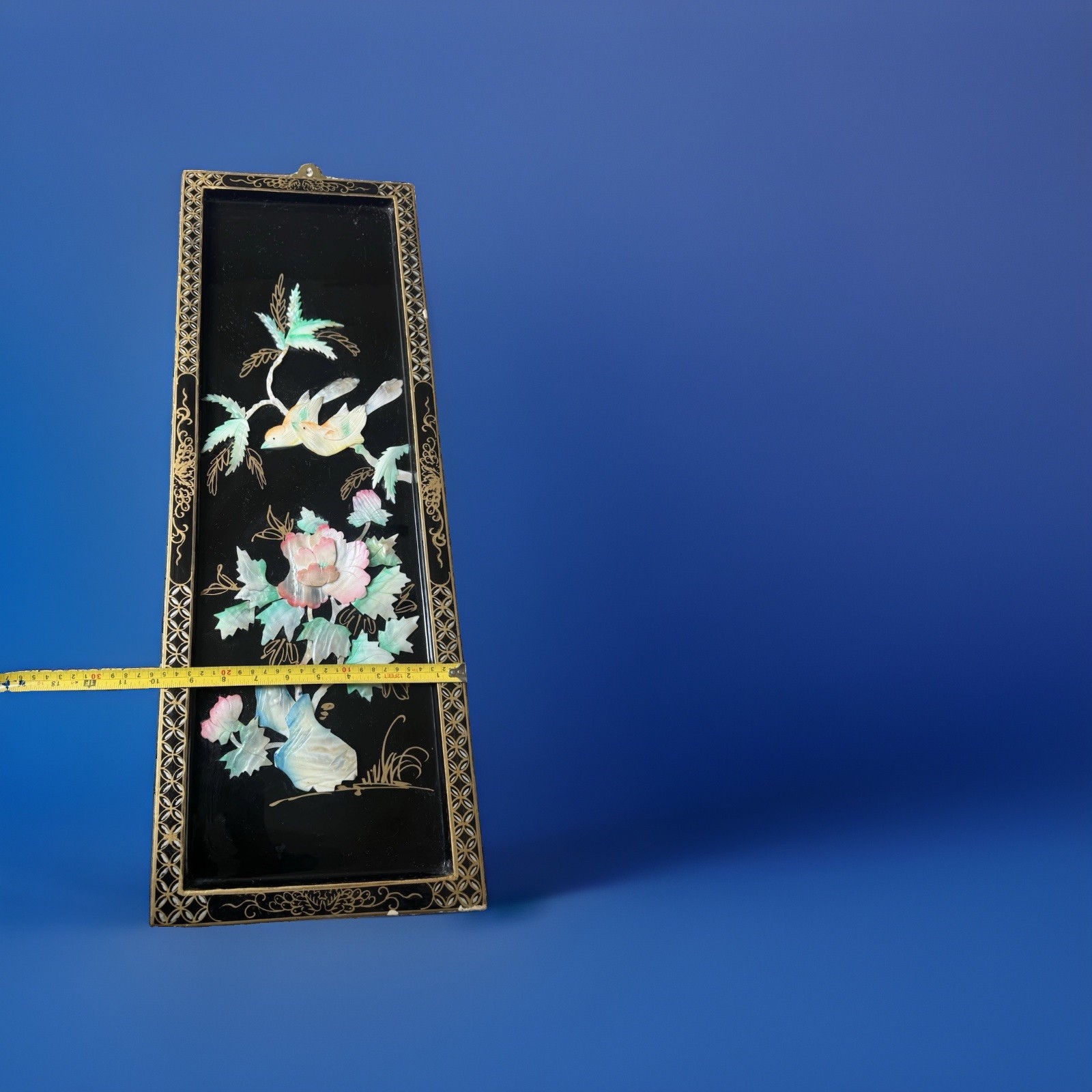 Vintage Chinese Black Lacquer Mother of Pearl Inlay Wall Panel Birds & Flowers