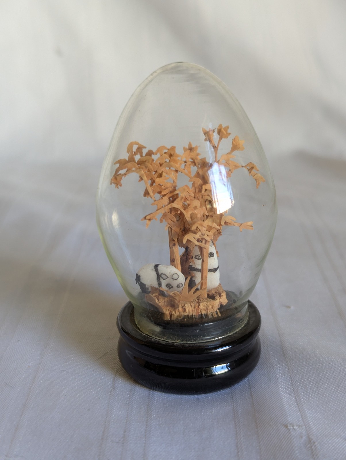 San You carved cork miniature display tree pandas glass 3.25″ tall