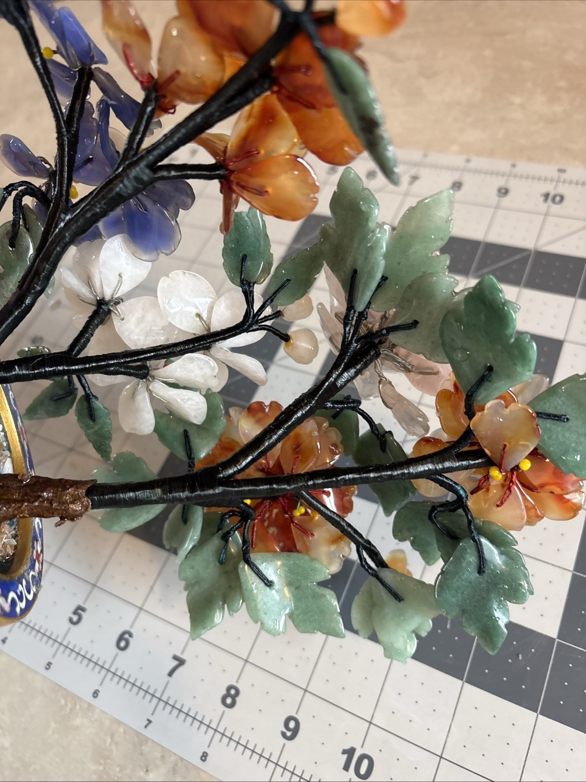 Chinese Jade , Quartz,Bonsai Tree in Round Footed Cloisonne Flower Pot – 9″ Tall