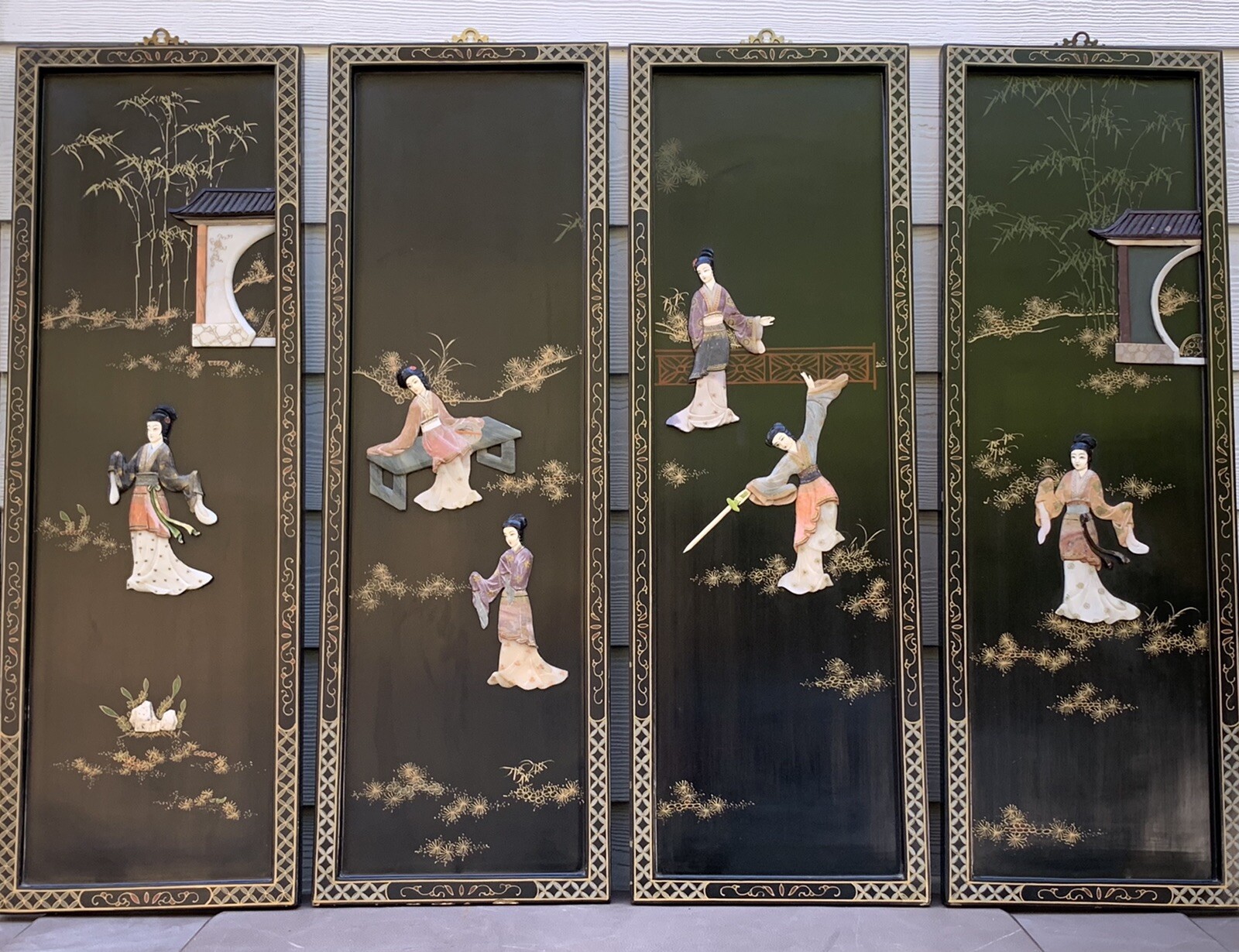 Vintage 1960’s Oriental Chinese Black Lacquer 3D Geisha Girls Wall Plaques