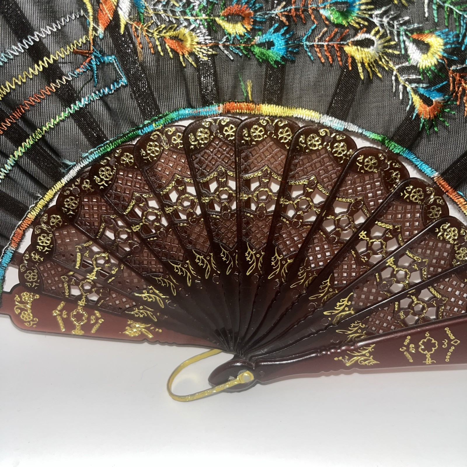New Chinese Asian multi color peacock embroidered black fabric folding hand fan