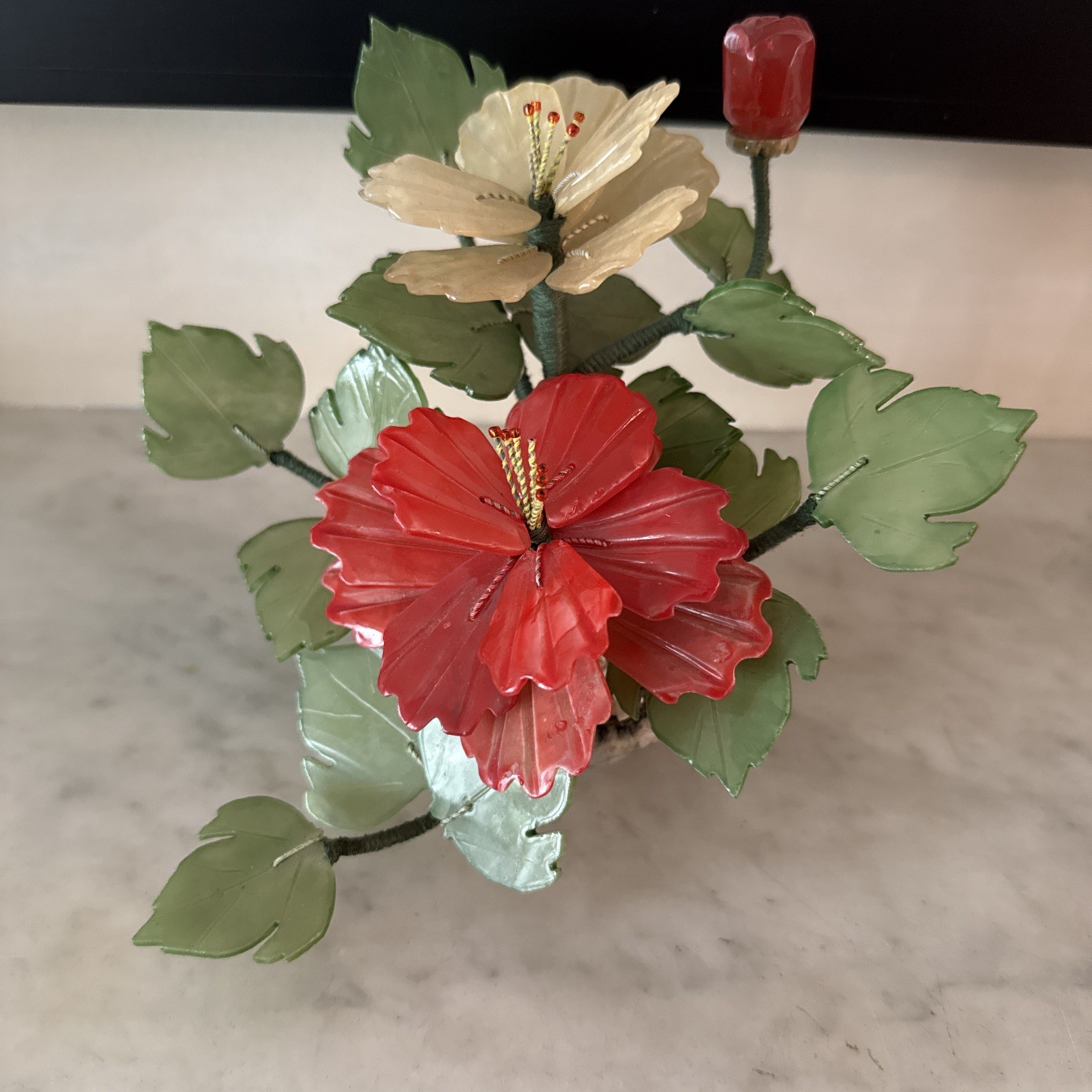Vintage Jade Bonsai Tree Carved Red Hibiscus Flowers High Blossom 6.25” By 7”