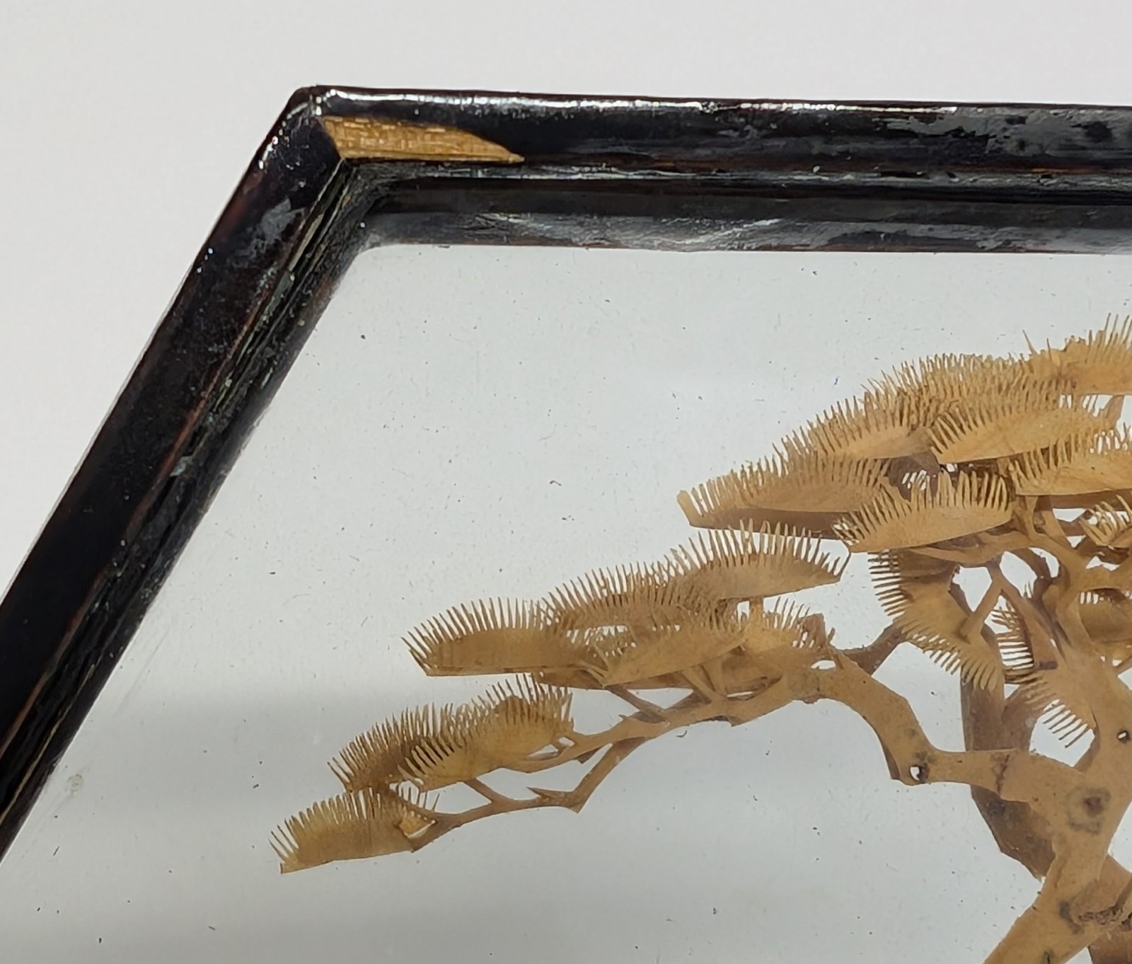 Vtg. Chinese 3-D Hand Carved Cork Diorama Hexagon Framed Art Crane Pagoda Trees