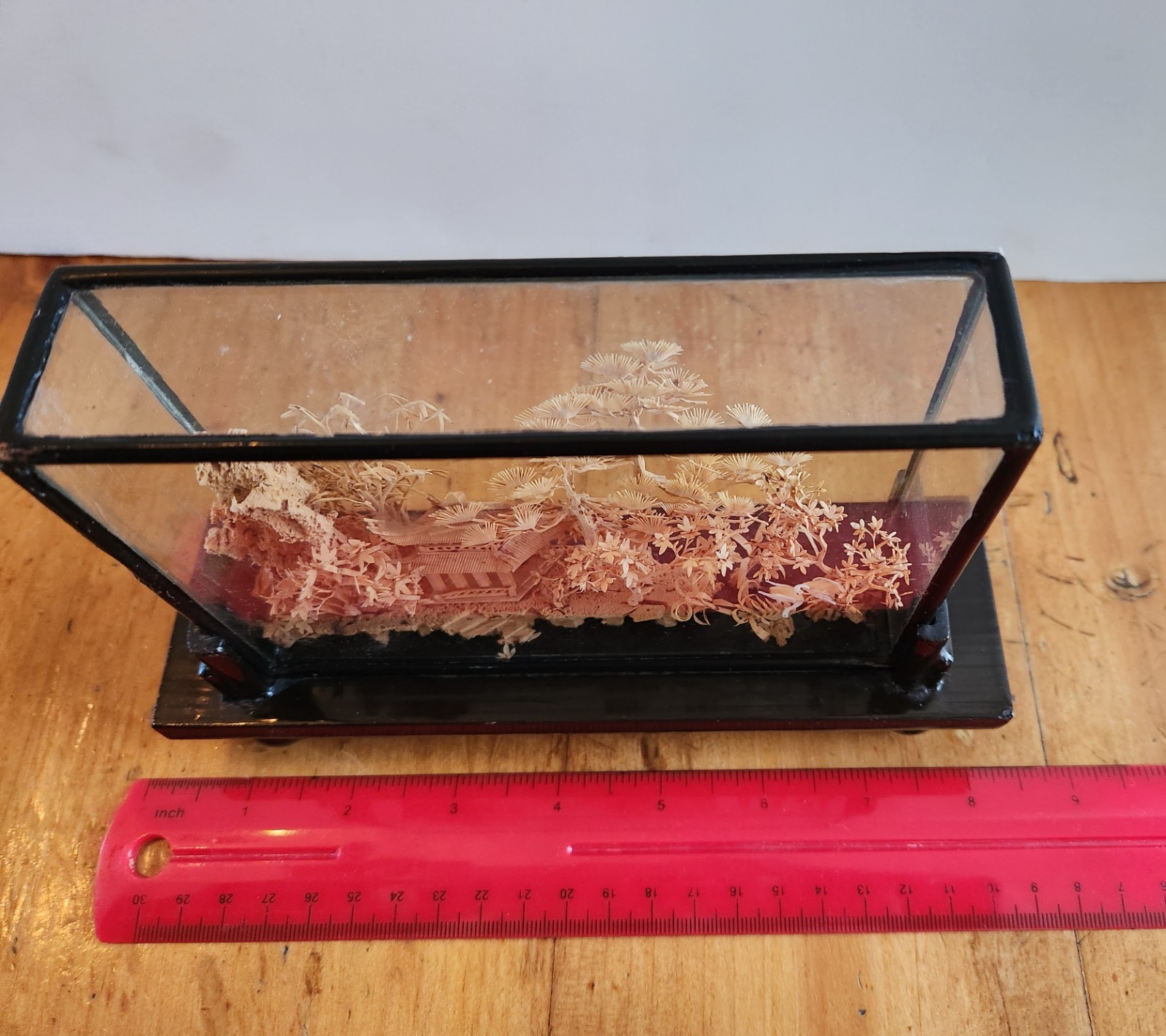 SALE $15.00-Vtg Chinese Cork Art Diorama, Traditional, Hand Carved 3D Glass Case