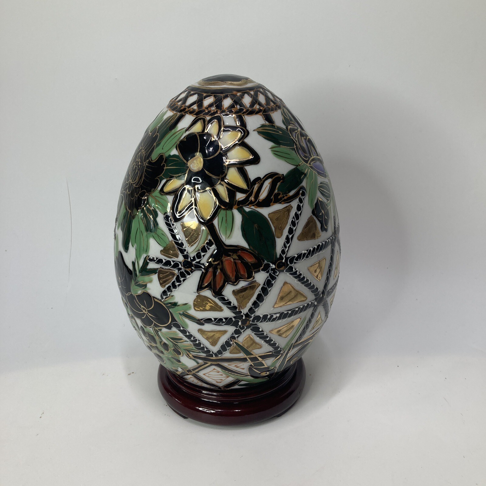 Chinese Porcelain Egg Black Gold Floral 9″ with Stand Decor multicolor Vintage