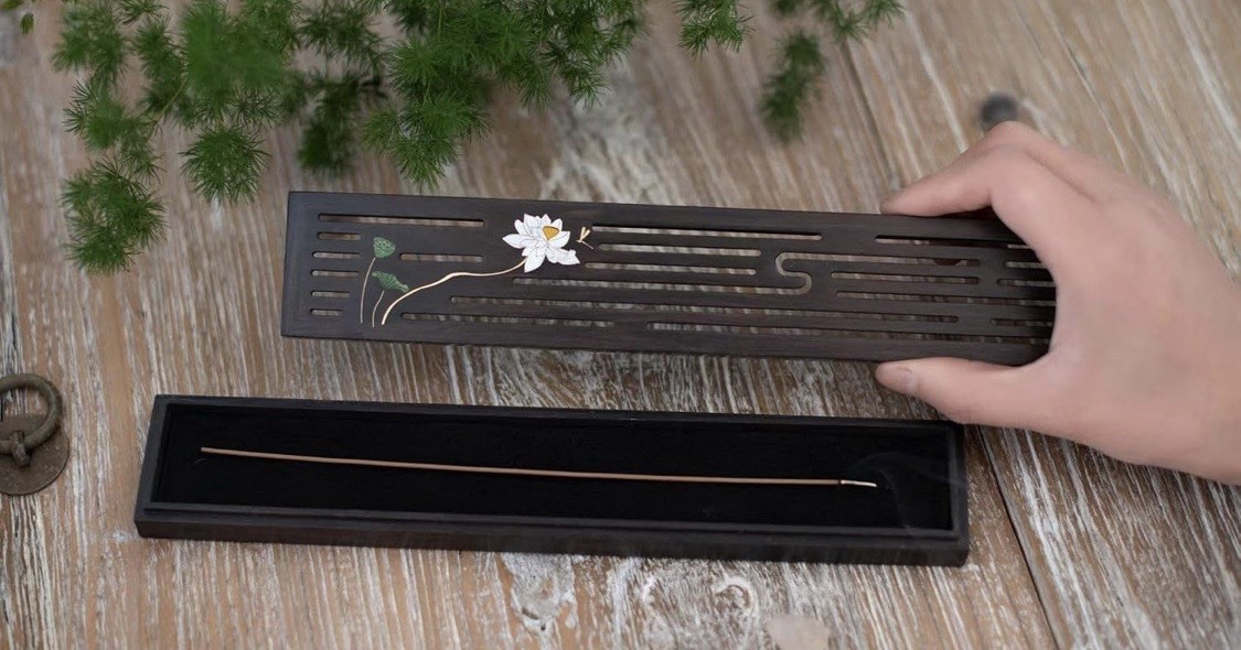 Handcrafted African Blackwood Incense Burner Set Mother of Pearl Inlay Lotus Art