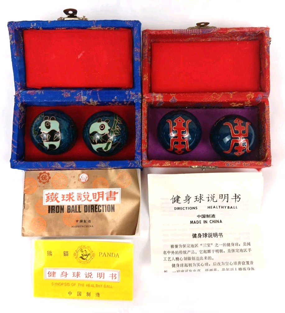 2 VTG Chinese Baoding Balls Chime Meditation- Shou Xing 1985 Panda & Longevity