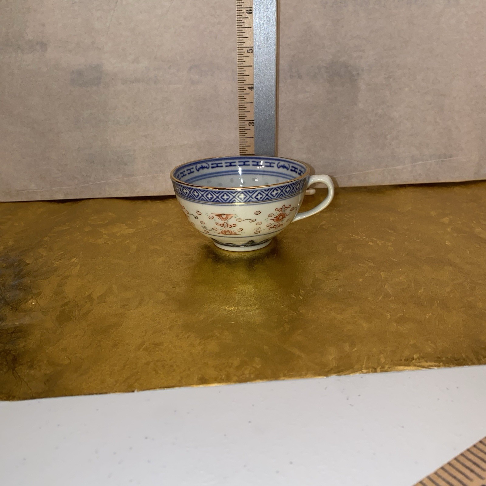 Vtg. Chinese Gilded Blue/White Jingdezhen Rice Design replacement CUP-Beautiful