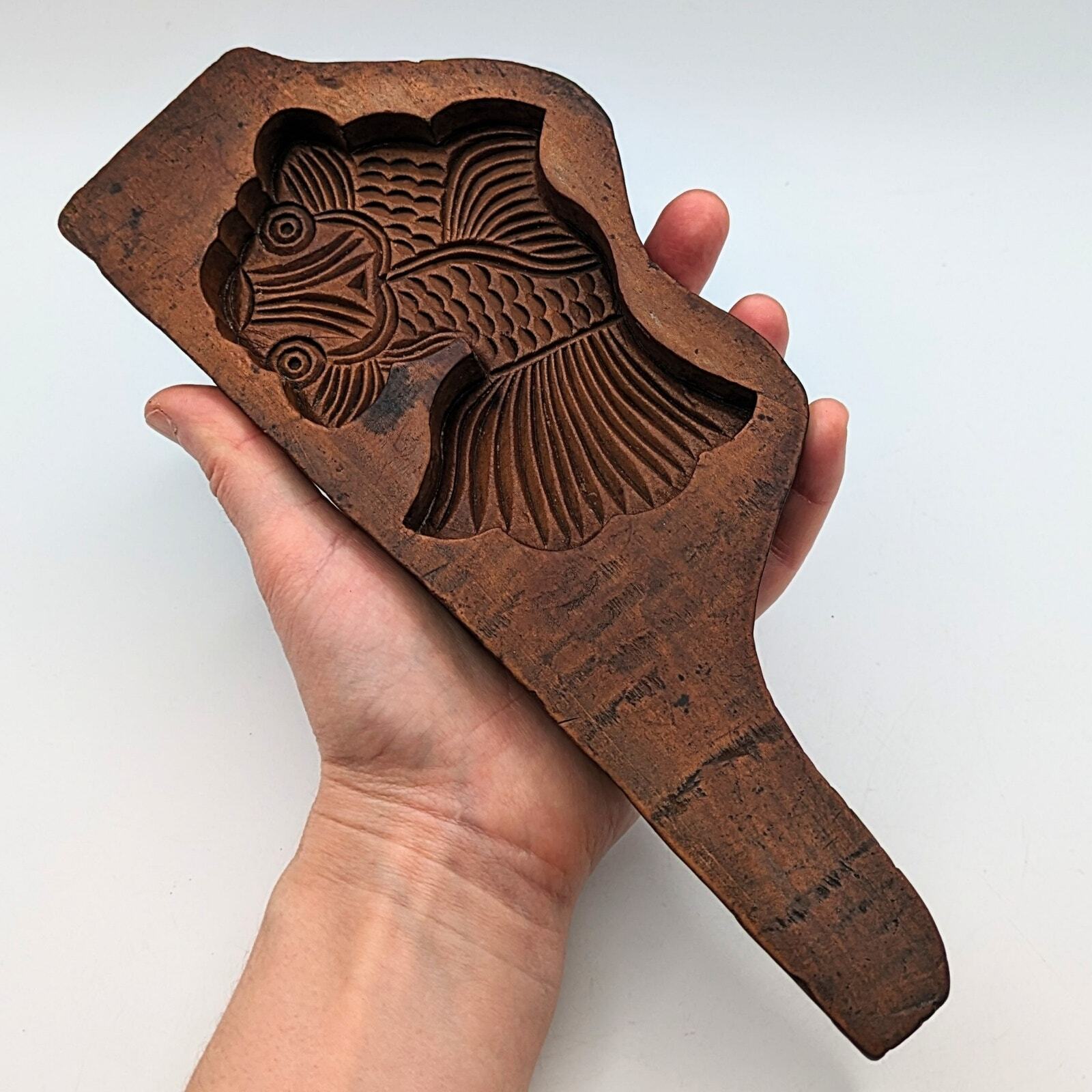 Vintage koi fish mooncake wooden mold hand carved 10 inches long