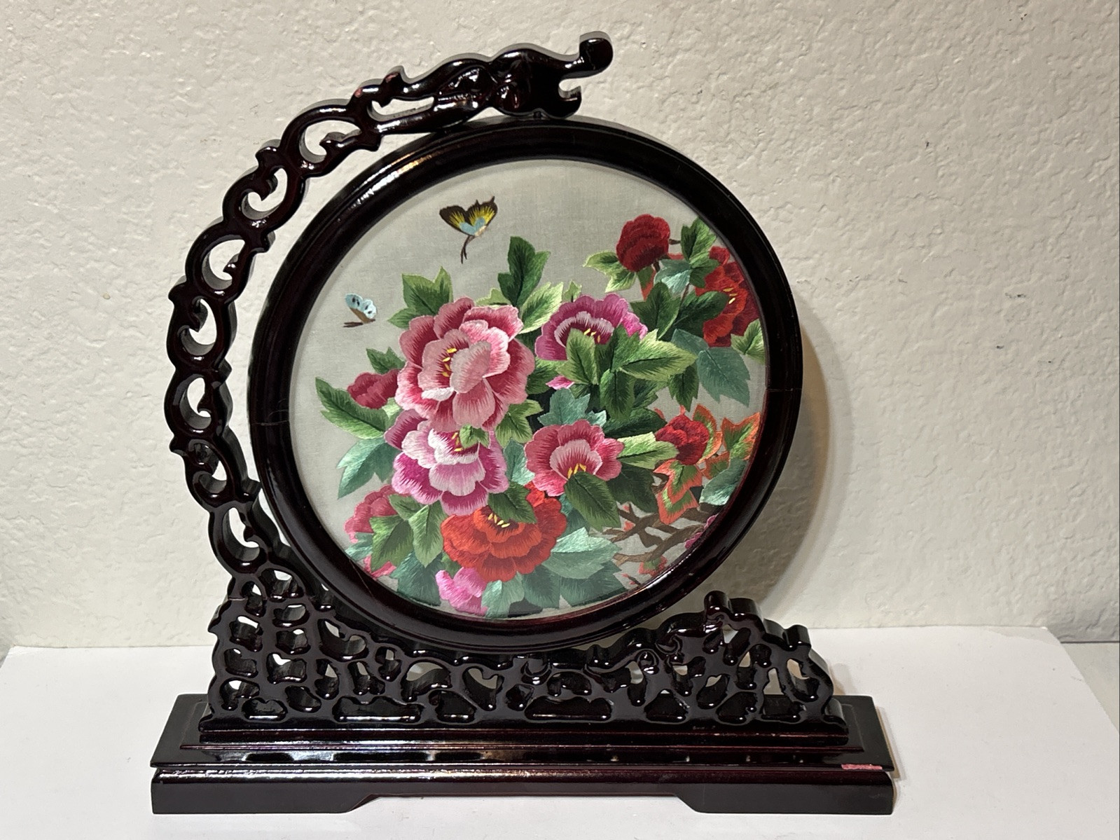 Chinese Double Sided Silk Embroidery Flowers 12″ Carved Wood Stand Peonies (d1)