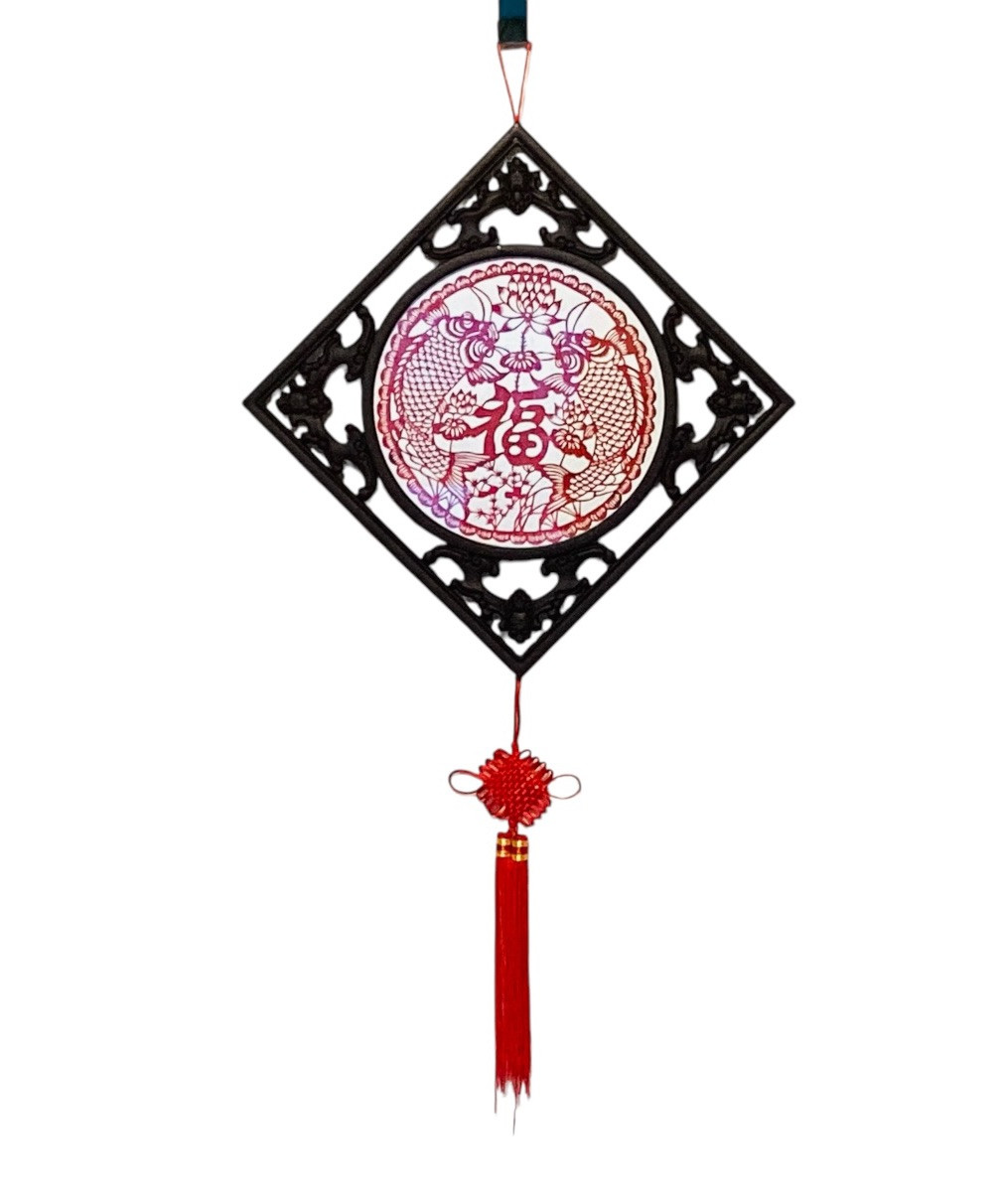 Asian Two Side Porcelain Plate Carved Brown Frame Red Tassel Wall Decor 32in
