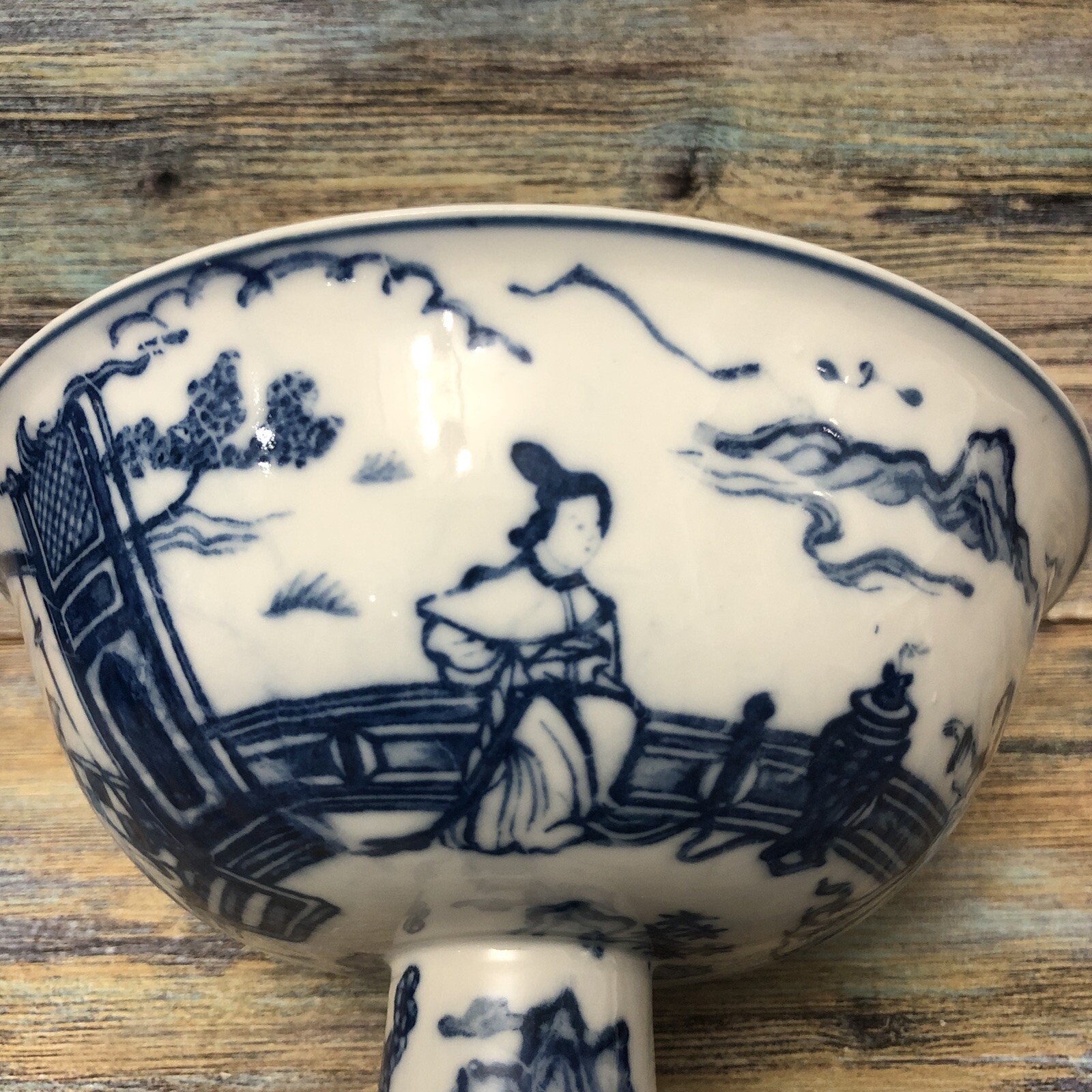 VTG WAN-LI LIMITED EDITION Porcelain Footed Pedestal Bowl 152/1000 White & Blue