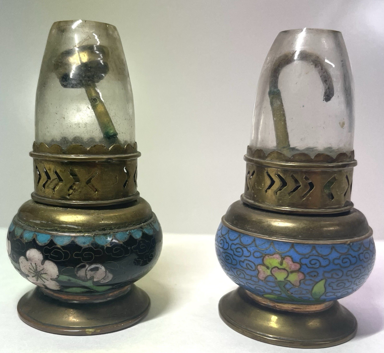 Vintage Cloisonne Enamel Mini Oil Lamp Pair Hong Kong Brass Glass Chimneys