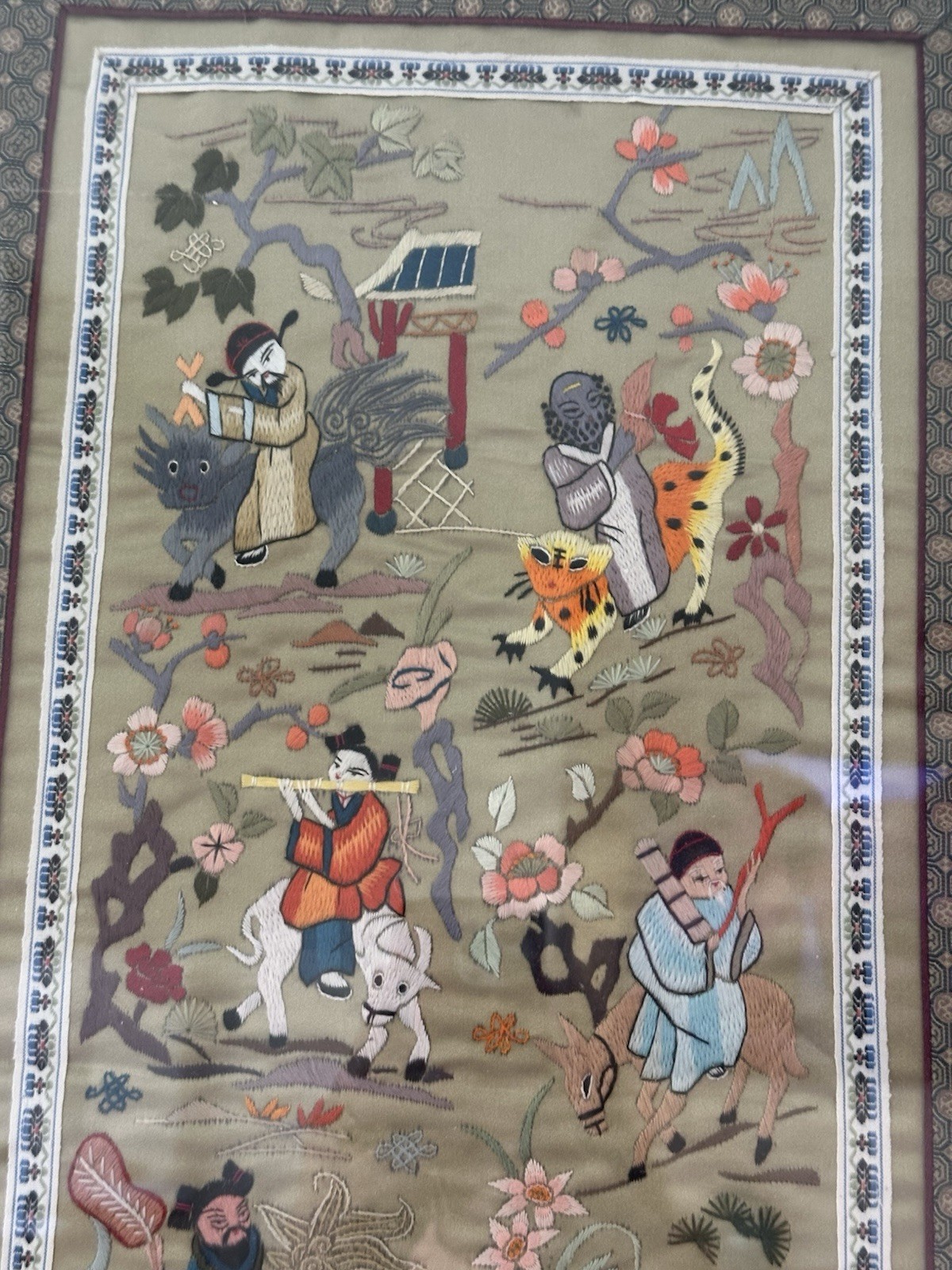 Chinese hand embroidered silk Art Piece Framed. The Actual Piece 27 X 13”
